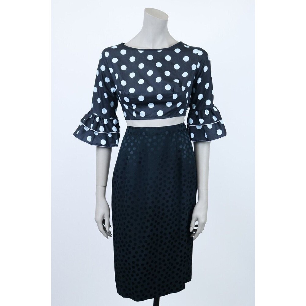 Vintage 1960s 60s Black & Blue Polka Dot Flared Sleeve Crop Top Deadstock S